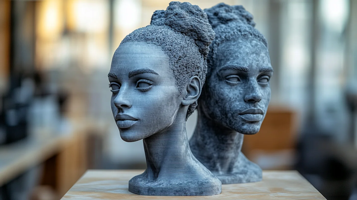 To detaljerede 3D-printede buster af en kvinde, der fremhæver præcision og håndværk inden for moderne portrætkunst.