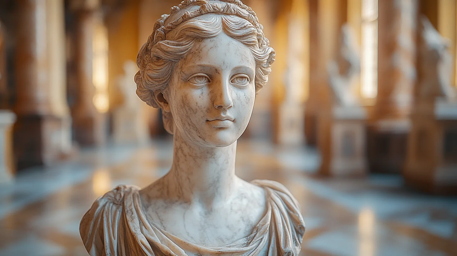 Klassisk marmorbuste i et oplyst galleri, der fremhæver tidløs skønhed og detaljeret håndværk.