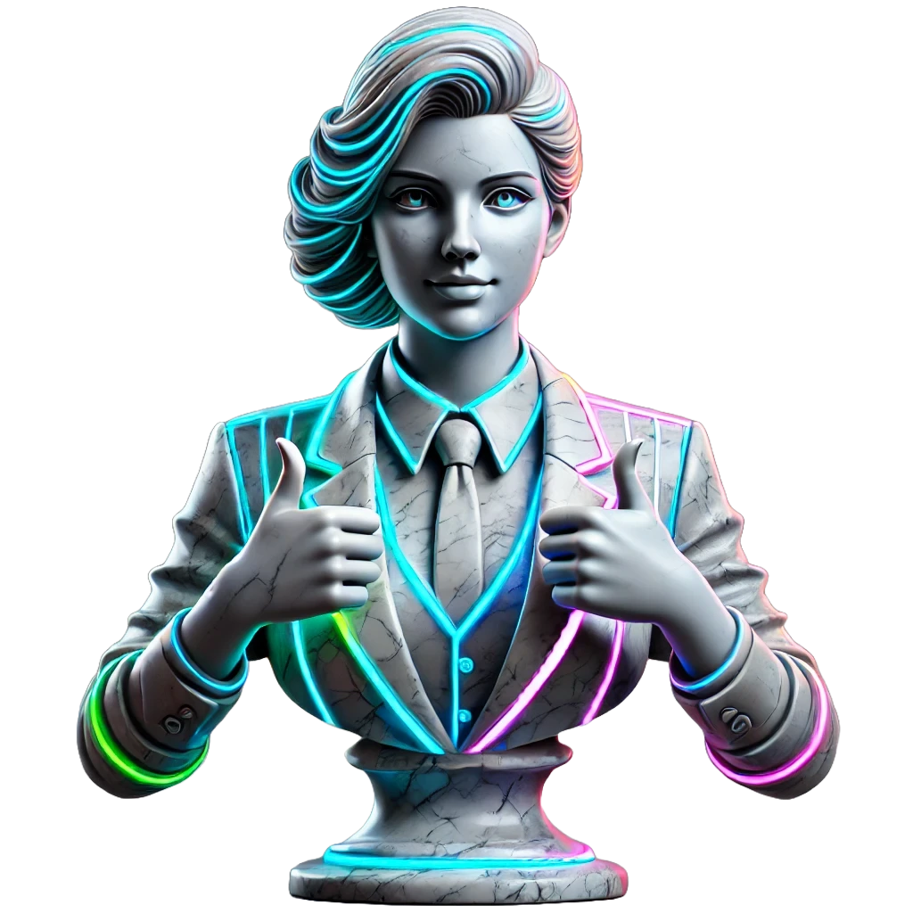Futuristisk buste i marmor-look med neonbelysning og to tommelfingre op Futuristisk buste i marmor-look med neonbelysning og to tommelfingre op