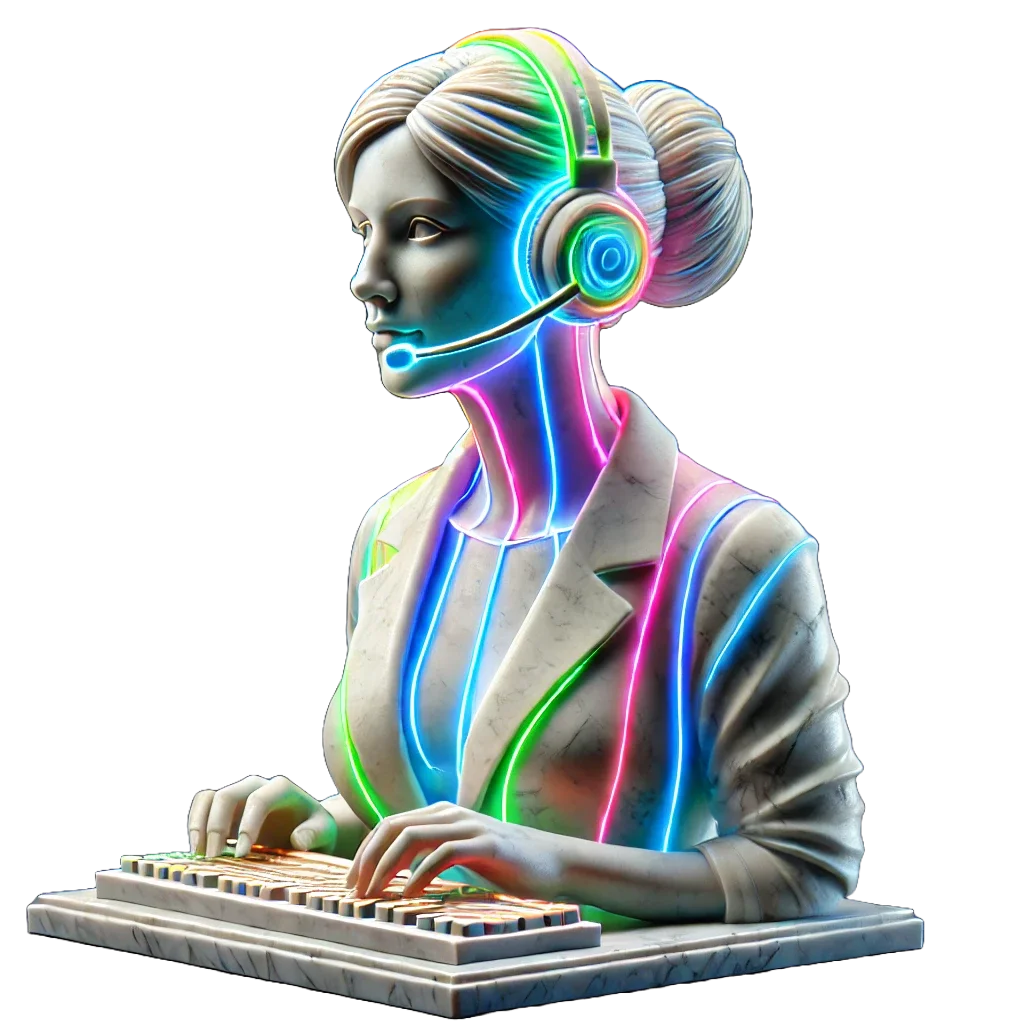 Futuristisk buste af en kvinde med headset, neonbelysning og hænder på et tastatur. Futuristisk buste af en kvinde med headset, neonbelysning og hænder på et tastatur.