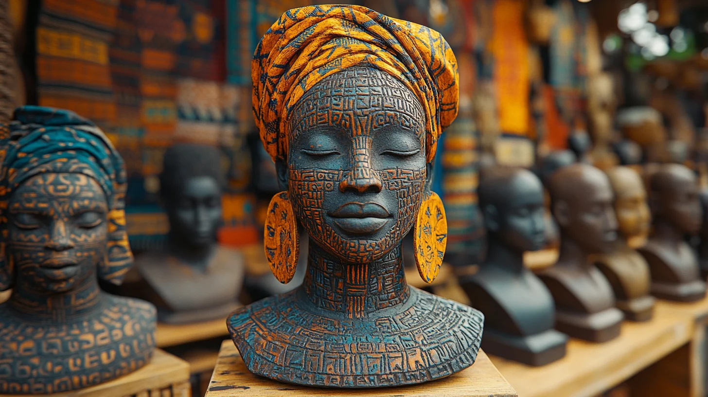 Traditionel afrikansk buste med detaljerede udskæringer og farverige mønstre, omgivet af andre skulpturer og kulturelle tekstiler.
