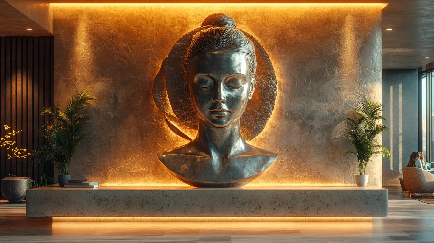 Elegant metalbuste i en moderne kontorlobby, fremhævet af varmt lys og minimalistisk interiørdesign, som symboliserer branding og professionalisme.