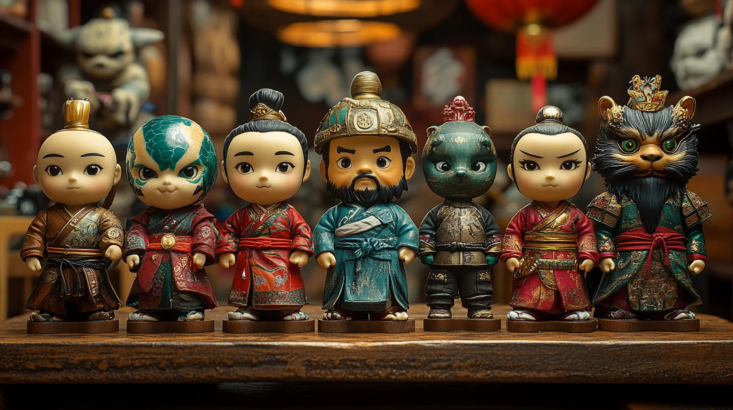 Traditionelle og moderne bobbleheads med asiatisk inspireret design, der viser udviklingen fra historiske figurer til moderne popkultur.