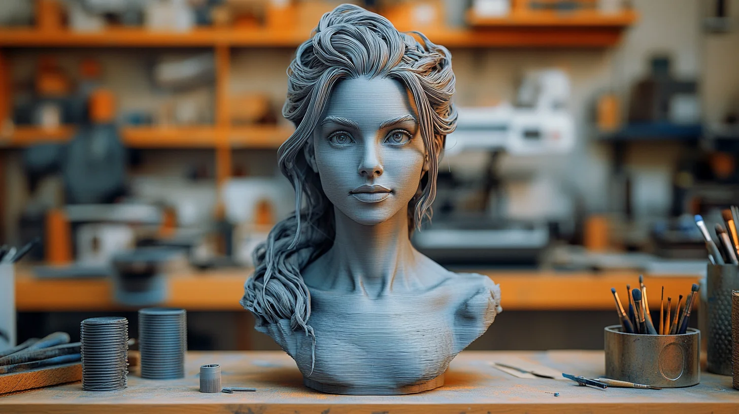 3D printet buste med fine detaljer, omgivet af værktøj som sandpapir, pensler og en 3D-printer i baggrunden