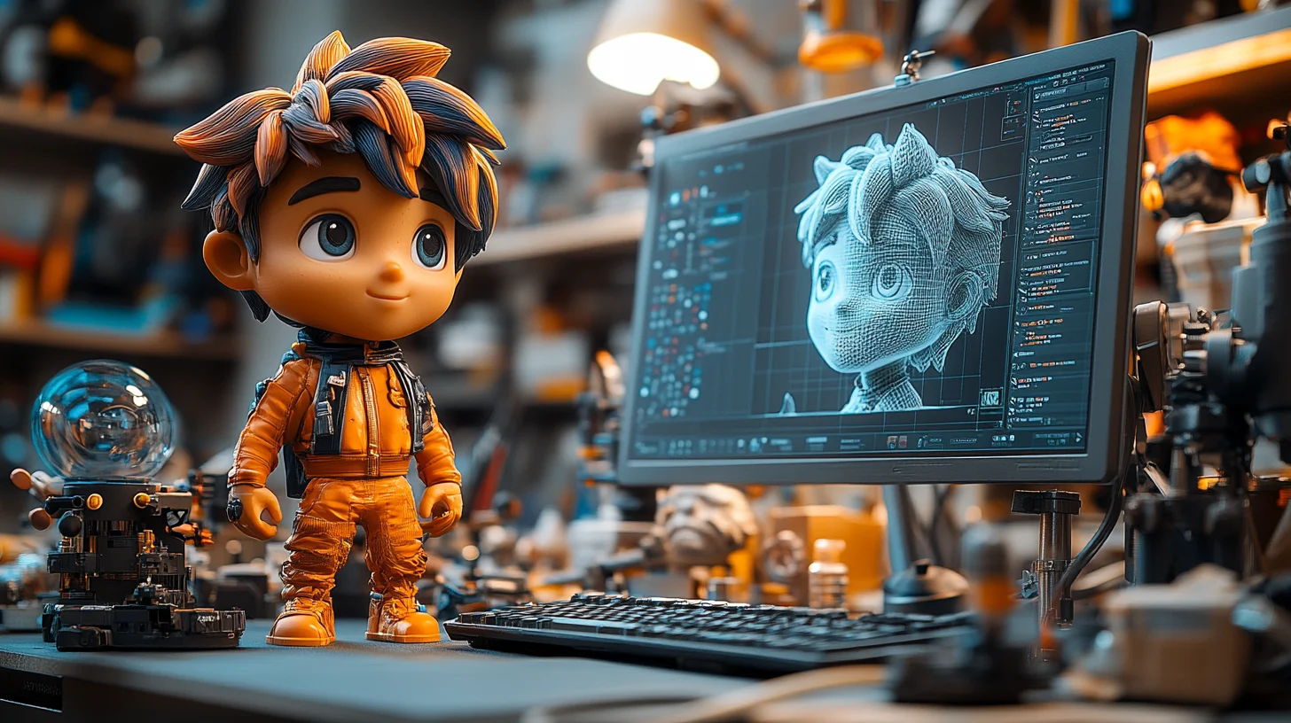 3D printet bobblehead ved siden af en computerskærm med en digital 3D-model i et værksted
